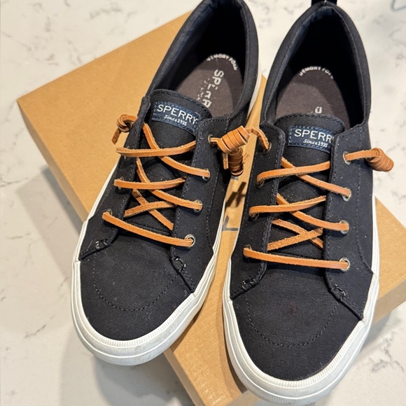 Sperry Crest Vibe Sneakers Black Canvas Shoes Tan Leather Laces Casual Slip-on - Picture 5 of 12